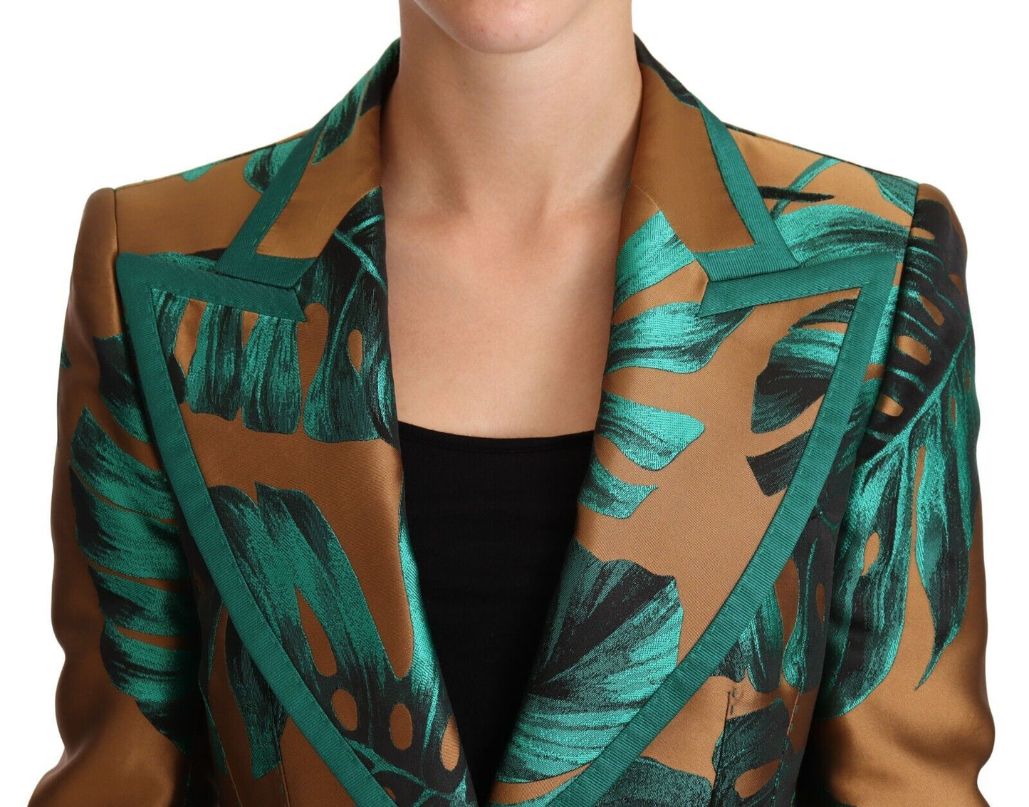 Dolce & Gabbana Brown Green Leaf Jacquard Coat Jacket