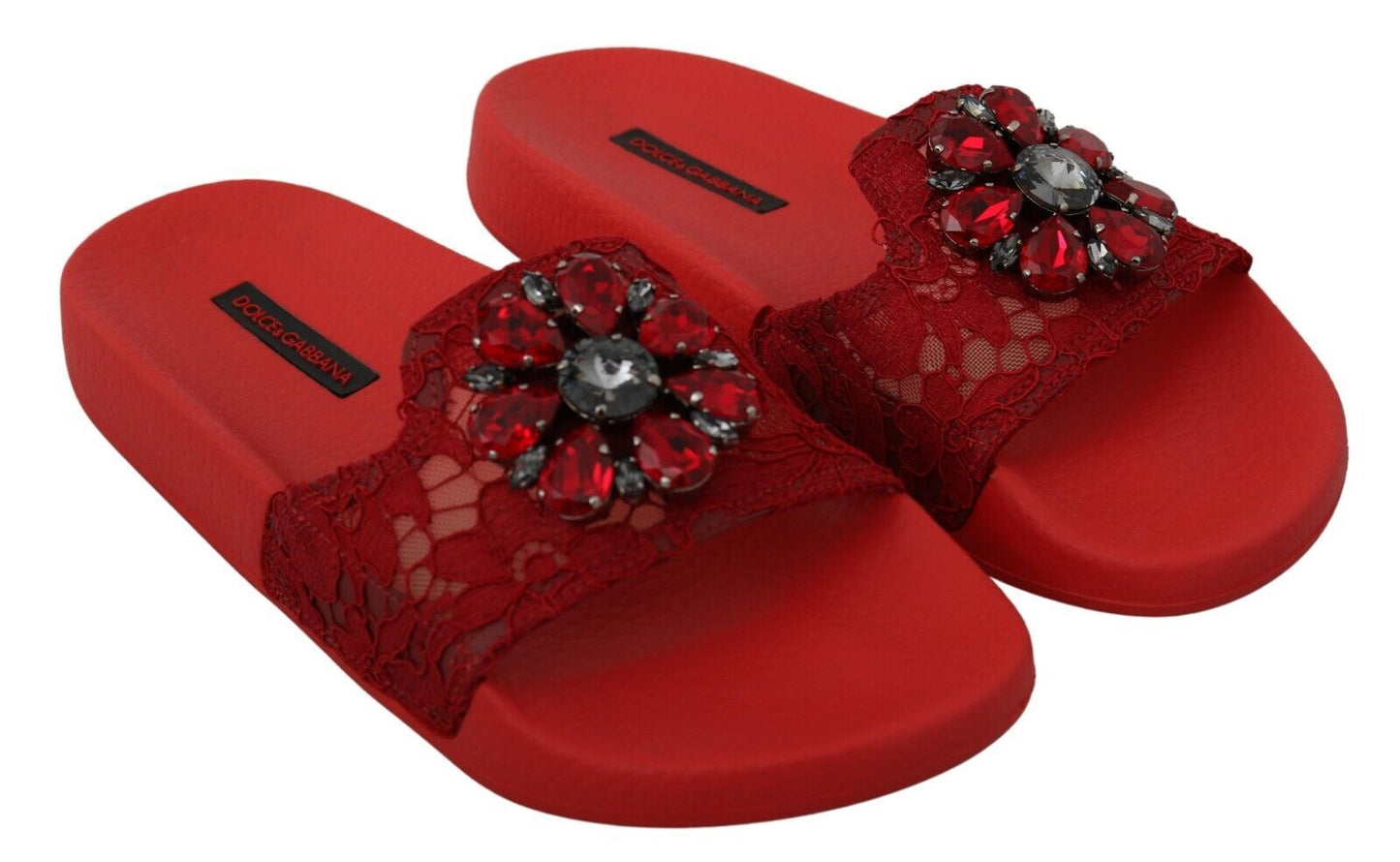 Dolce & Gabbana Red Lace Crystal Sandals Slides Beach Shoes