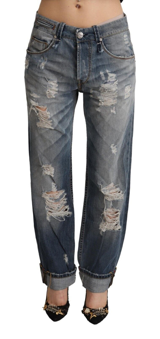 Acht Blue Tattered Mid Waist Straight Denim Cotton Jeans