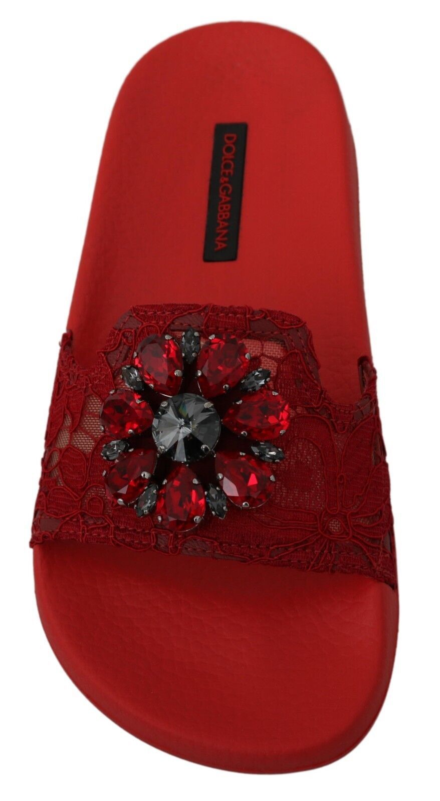 Dolce & Gabbana Red Lace Crystal Sandals Slides Beach Shoes