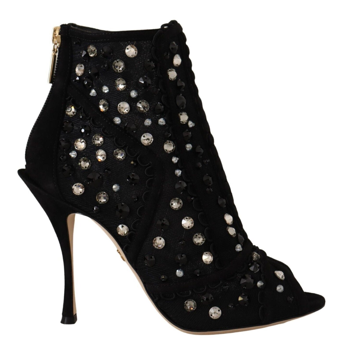 Dolce & Gabbana Black Crystals Heels Zipper Short Boots Shoes