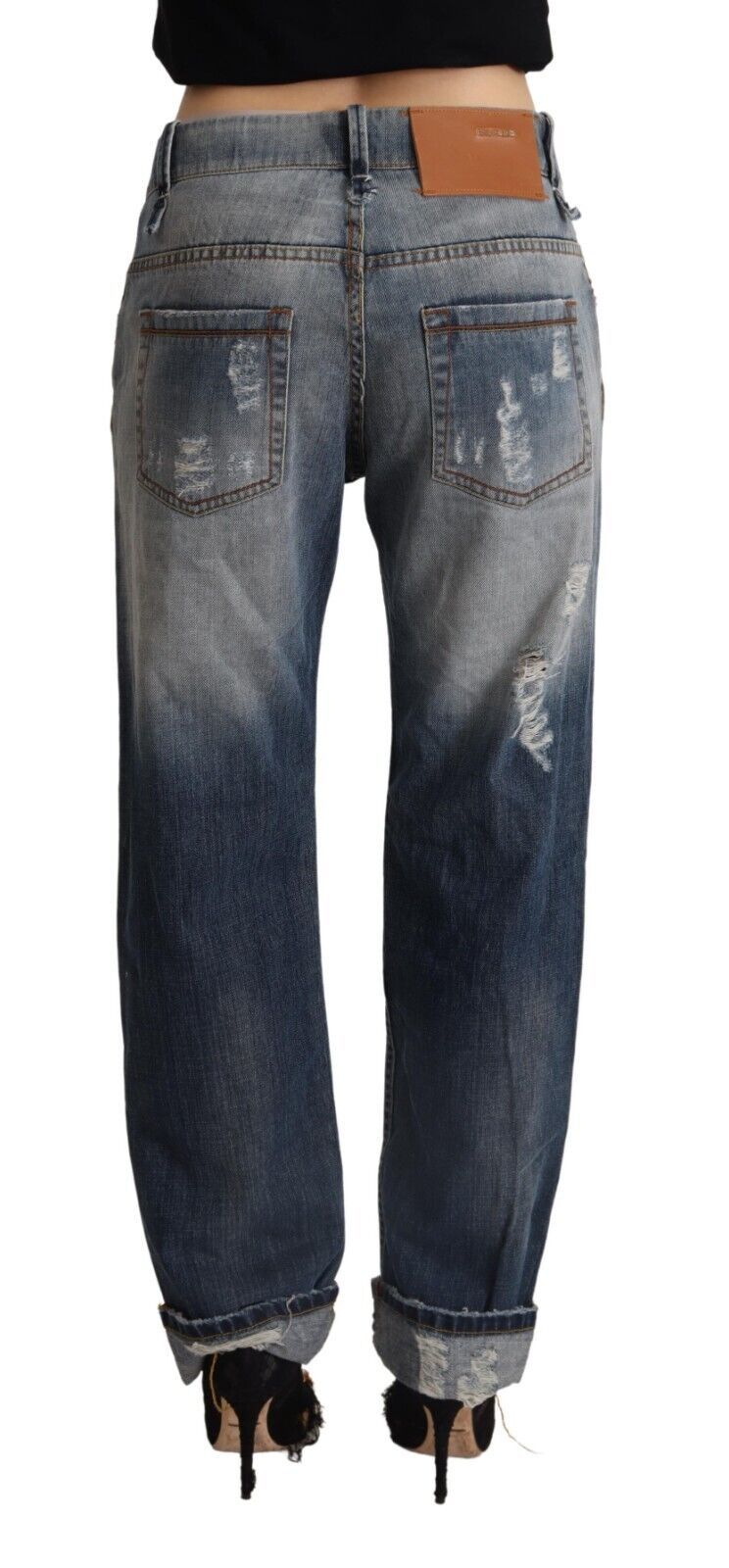 Acht Blue Tattered Mid Waist Straight Denim Cotton Jeans