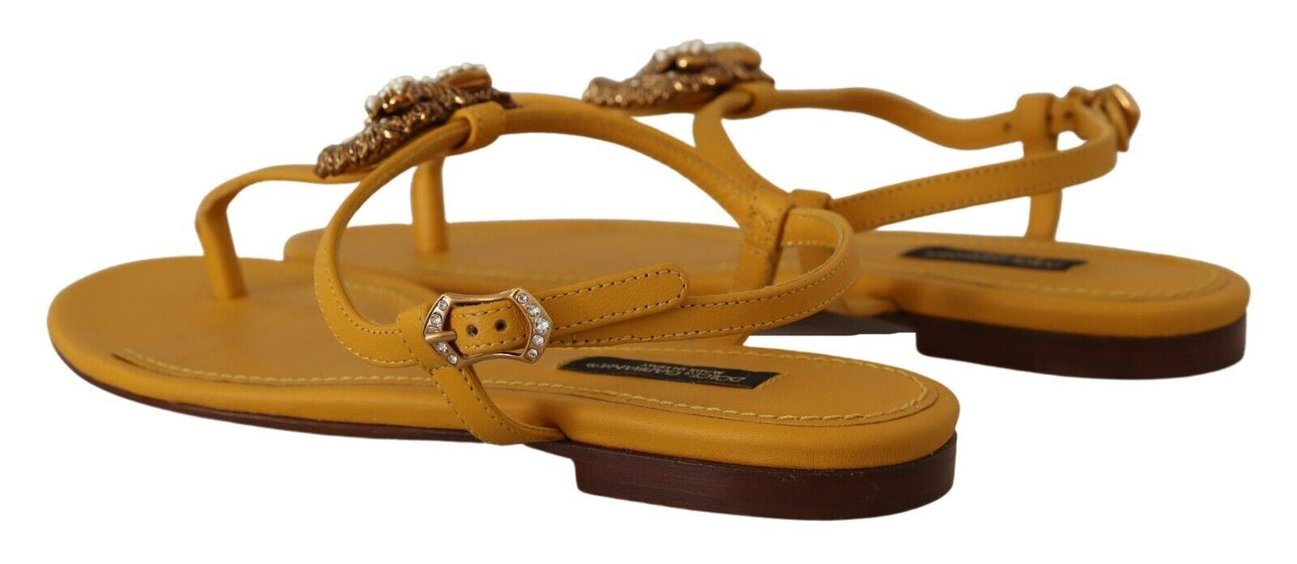 Dolce & Gabbana Mustard Leather Devotion Flats Sandals Shoes