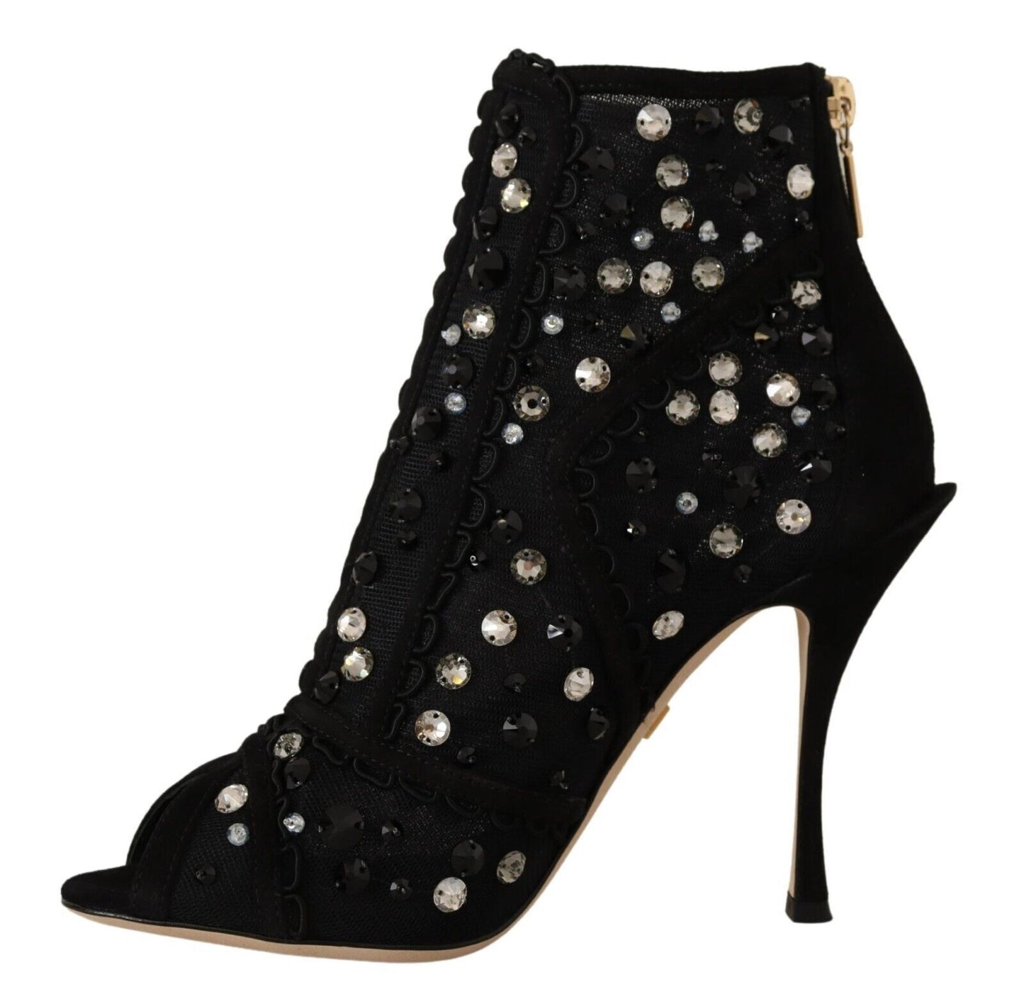 Dolce & Gabbana Black Crystals Heels Zipper Short Boots Shoes