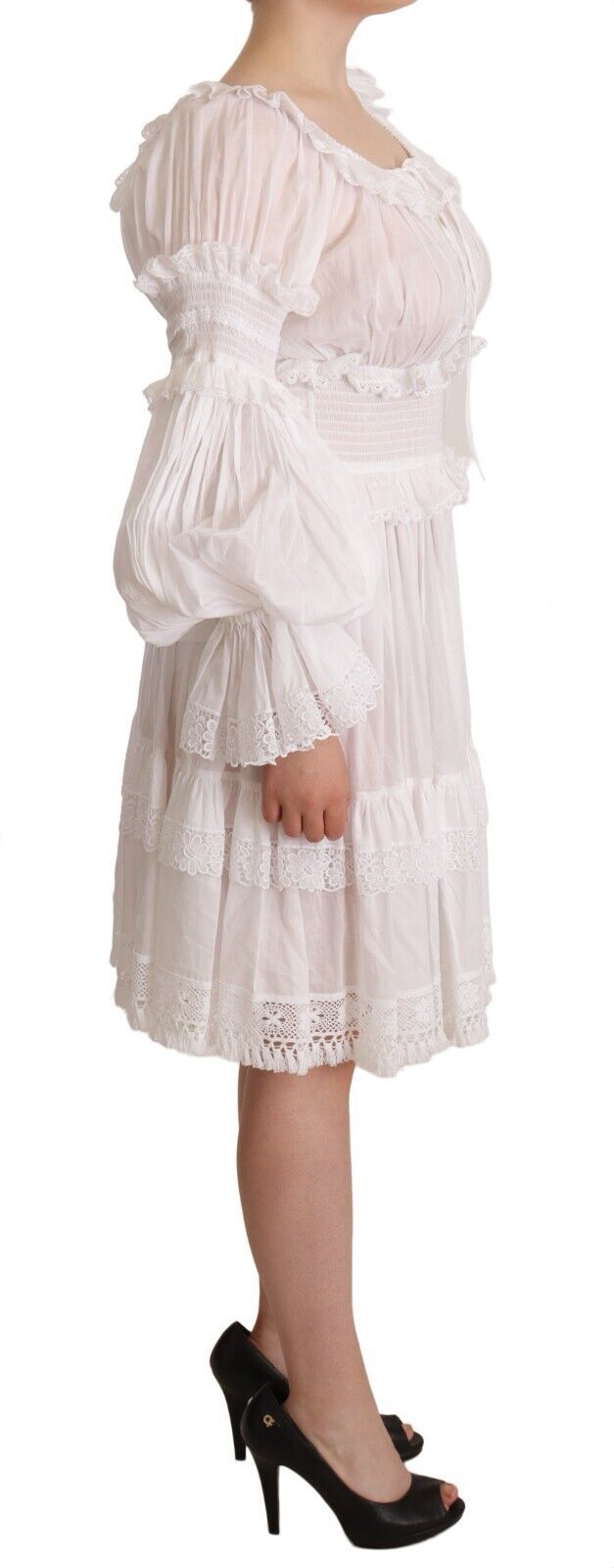 Dolce & Gabbana White Cotton Frilled Mousseline Off Shoulder Dress