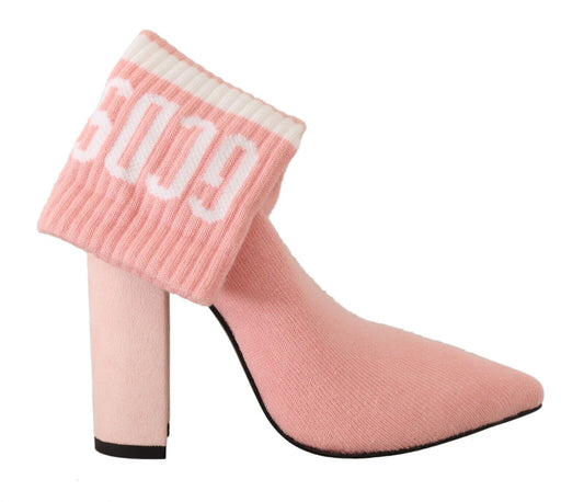 GCDS Pink Suede Logo Socks Block Heel Ankle Boots Shoes