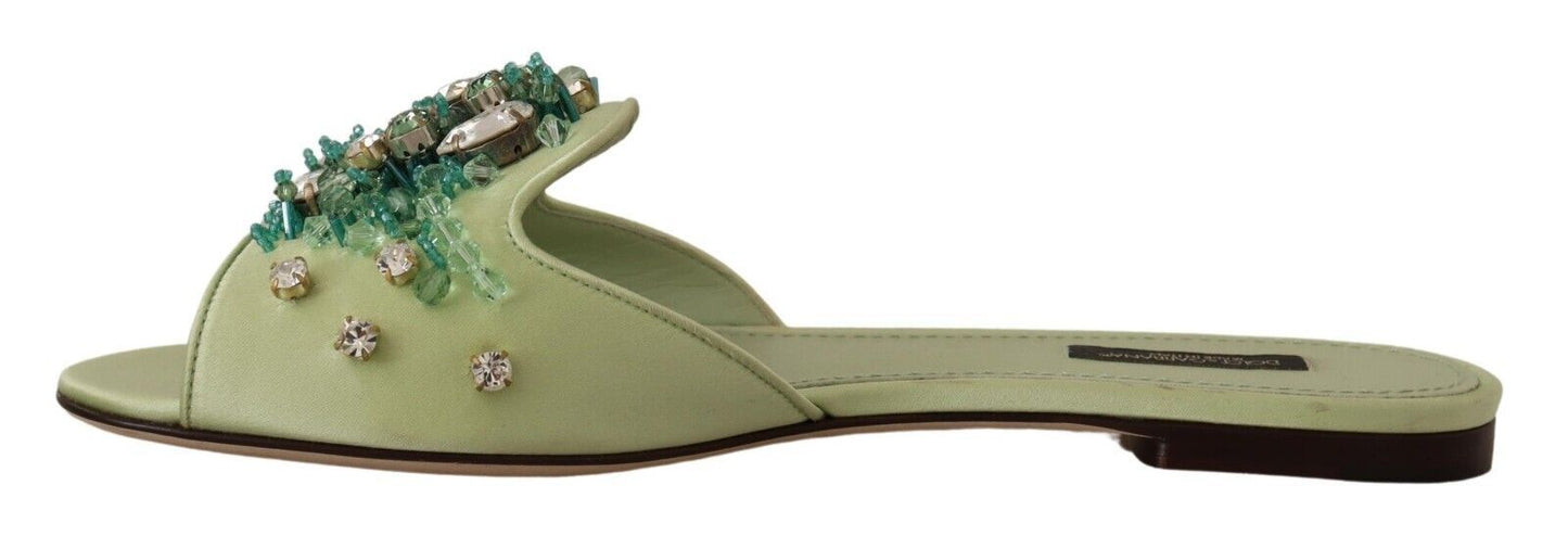 Dolce & Gabbana Green Leather Crystals Slides Women Flats Shoes