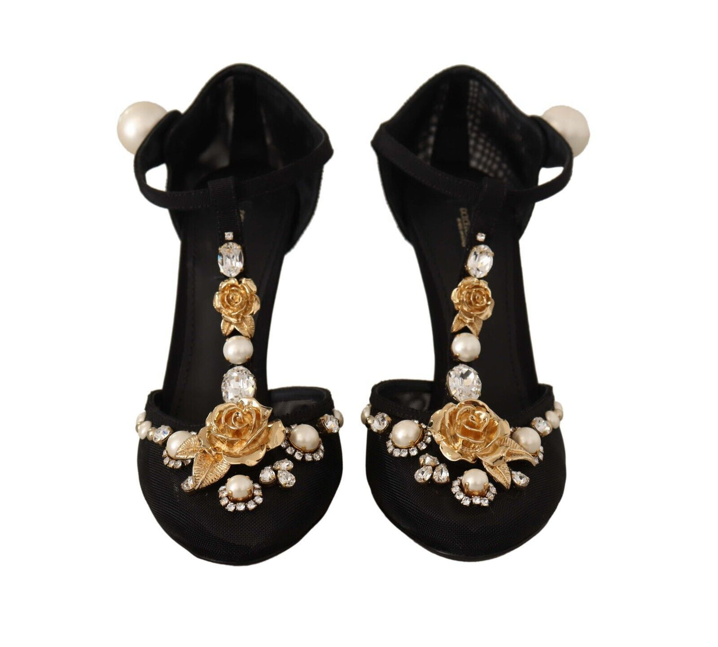 Dolce & Gabbana Black Faux Pearl Crystal Vally Heels Sandals Shoes