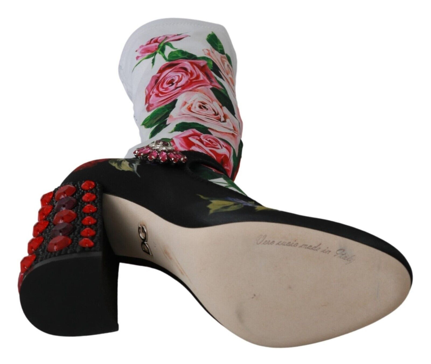 Dolce & Gabbana Black Floral Socks Crystal Jersey Boots Shoes