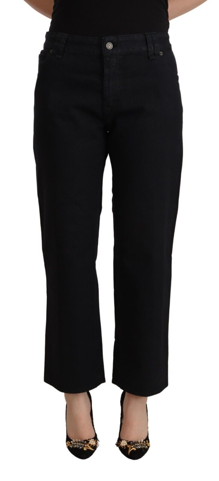 John Galliano Black Cotton Flared Cropped High Waist Denim Jeans