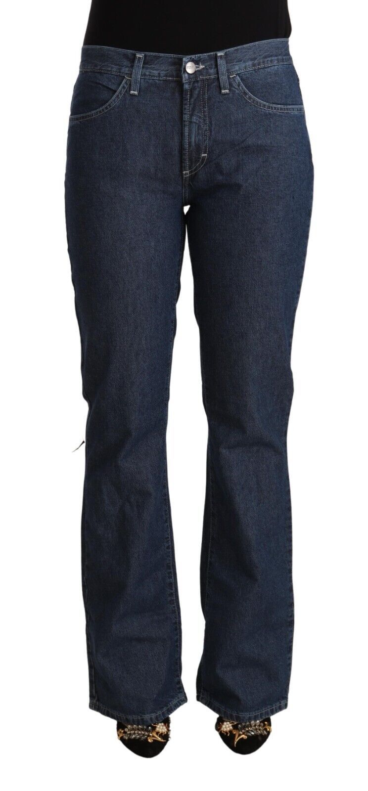 GF Ferre Blue Cotton Mid Waist Flared Denim Jeans