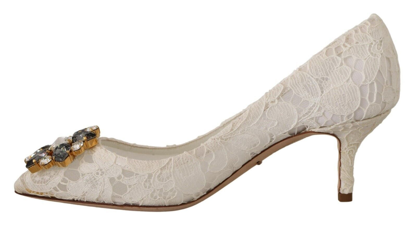 Dolce & Gabbana White Taormina Lace Crystal Heels Pumps Shoes