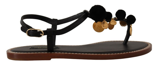 Dolce & Gabbana Black Leather Coins Flip Flops Sandals Shoes