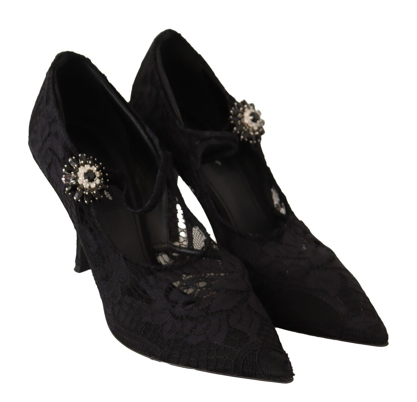 Dolce & Gabbana Black Lace Crystals Heels Mary Jane Pumps Shoes