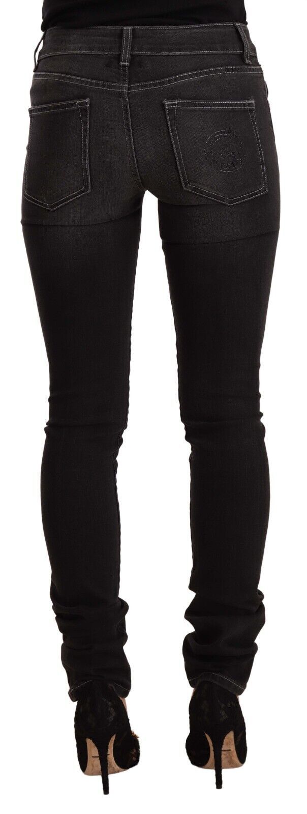 GF Ferre Black Washed Mid Waist Cotton Denim Skinny Jeans