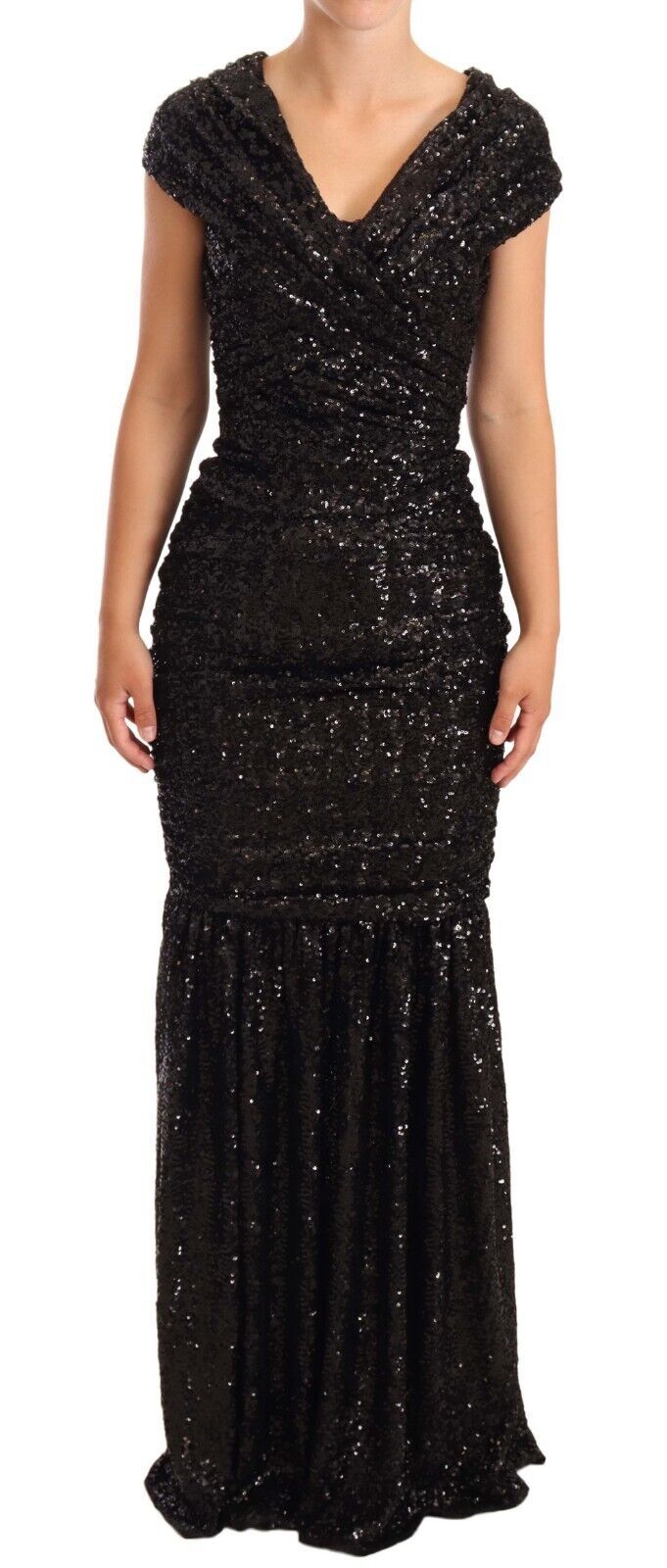 Dolce & Gabbana Black Sequined Open Shoulder Long Gown Dress