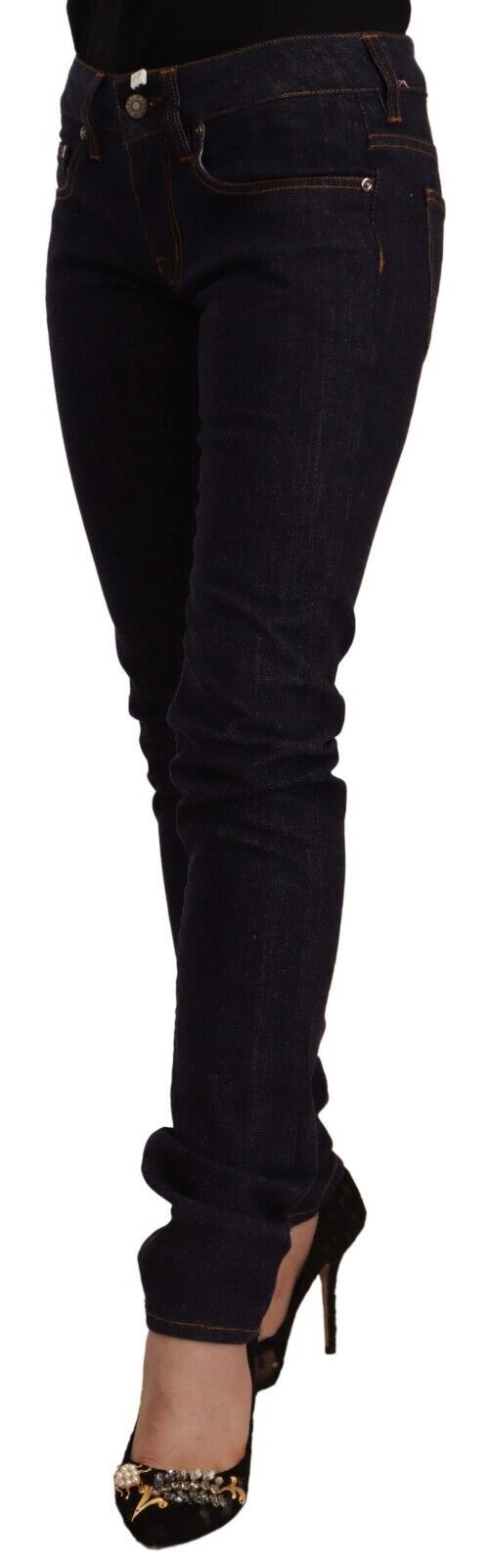 GF Ferre Black Mid Waist Cotton Denim Skinny Jeans