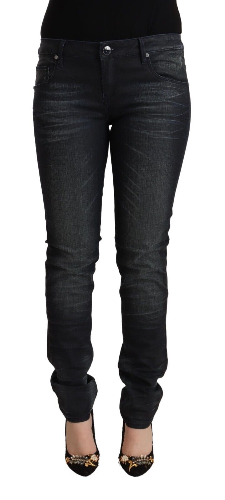 Acht Black Washed Cotton Low Waist Slim Fit Denim Jeans