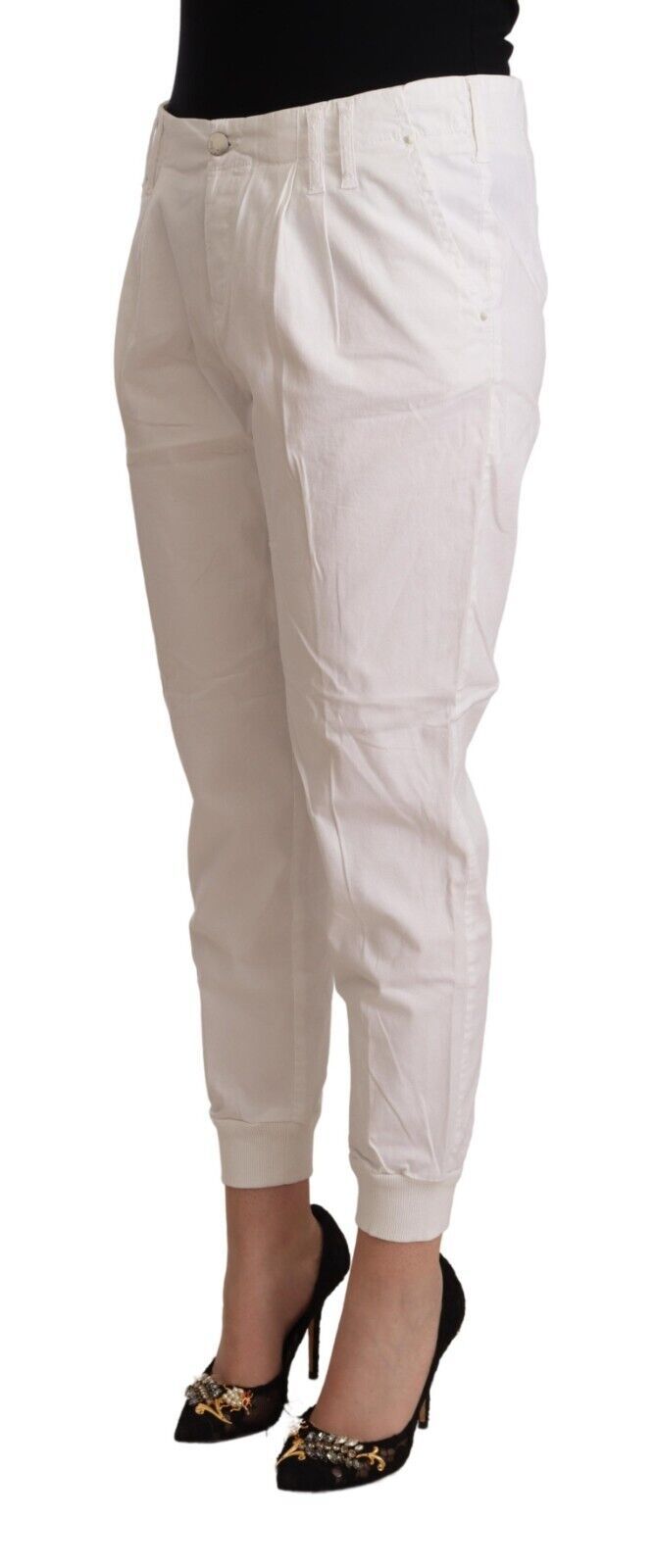 Met White Cotton Mid Waist Tapered Cropped Pants