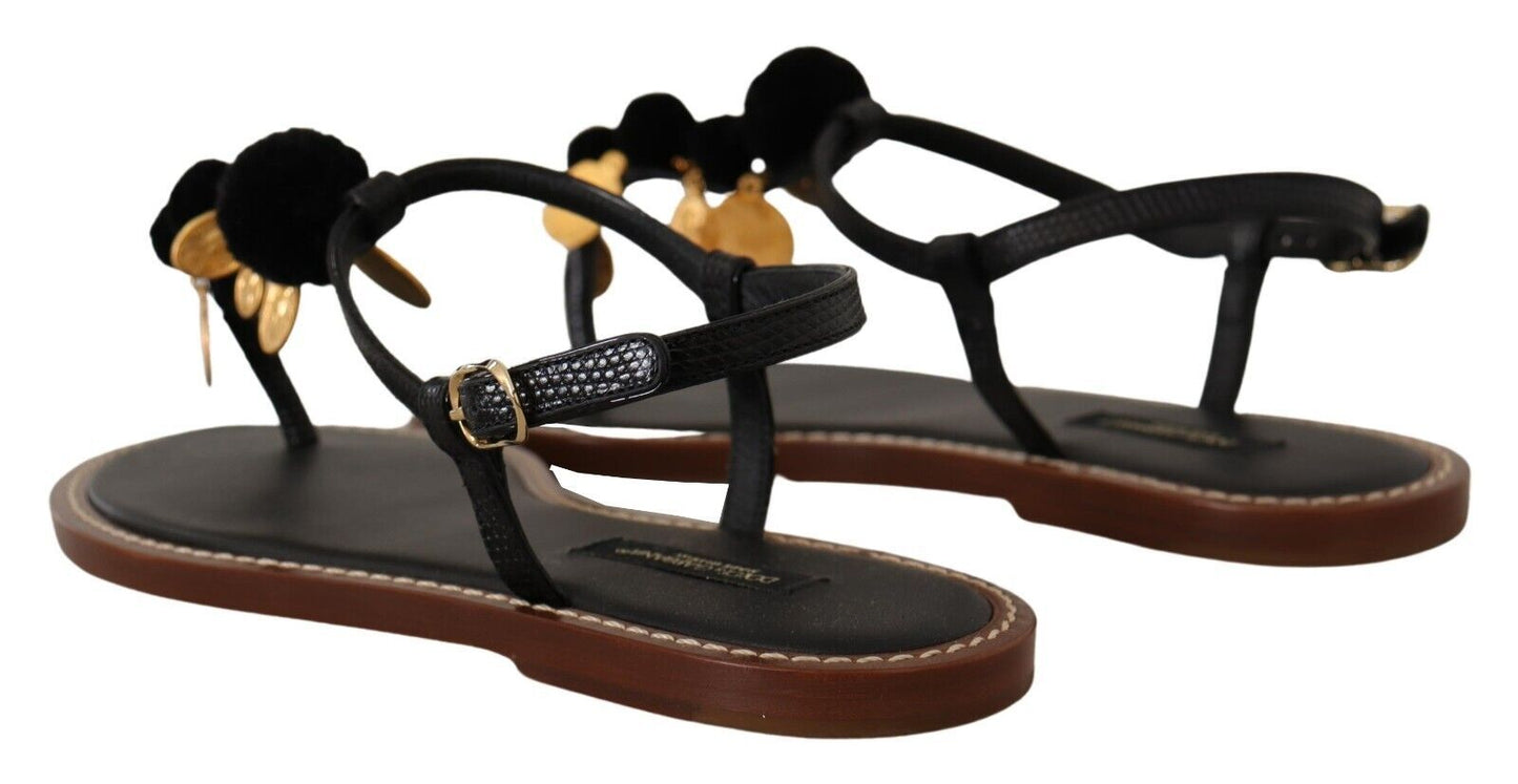 Dolce & Gabbana Black Leather Coins Flip Flops Sandals Shoes