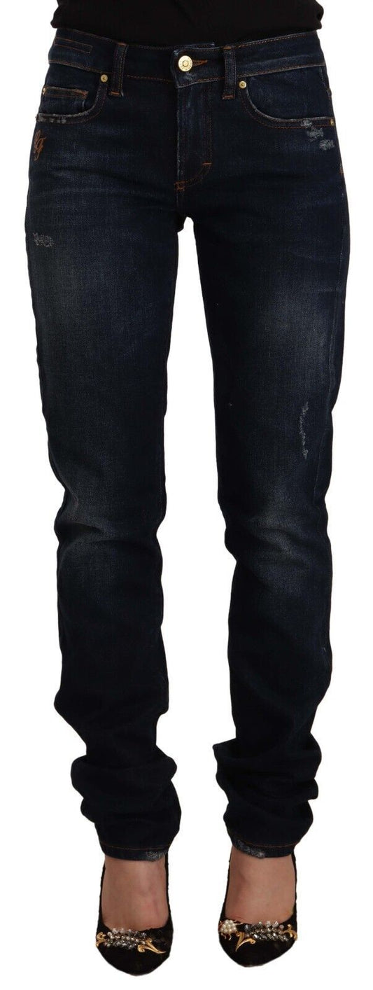 GF Ferre Dark Blue Washed Mid Waist Cotton Denim Skinny Jeans