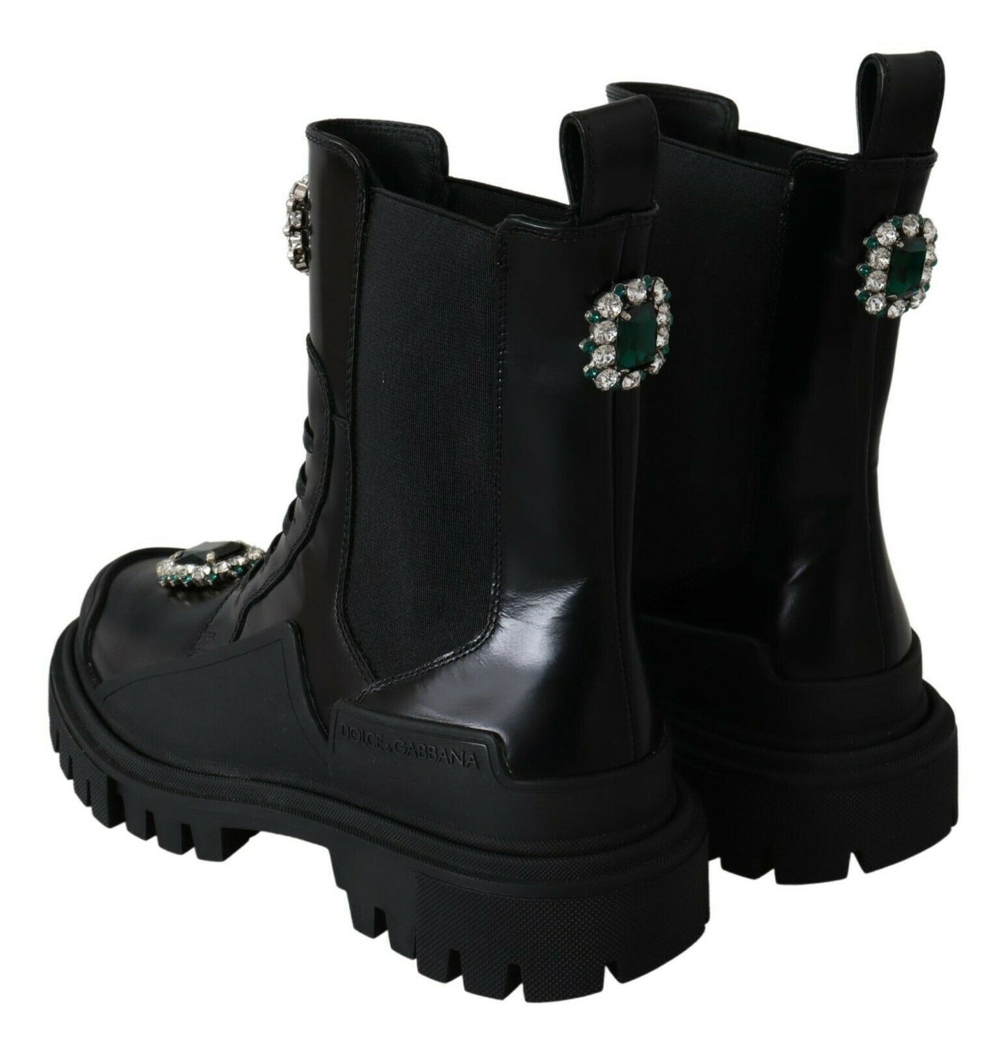 Dolce & Gabbana Black Leather Crystal Combat Boots