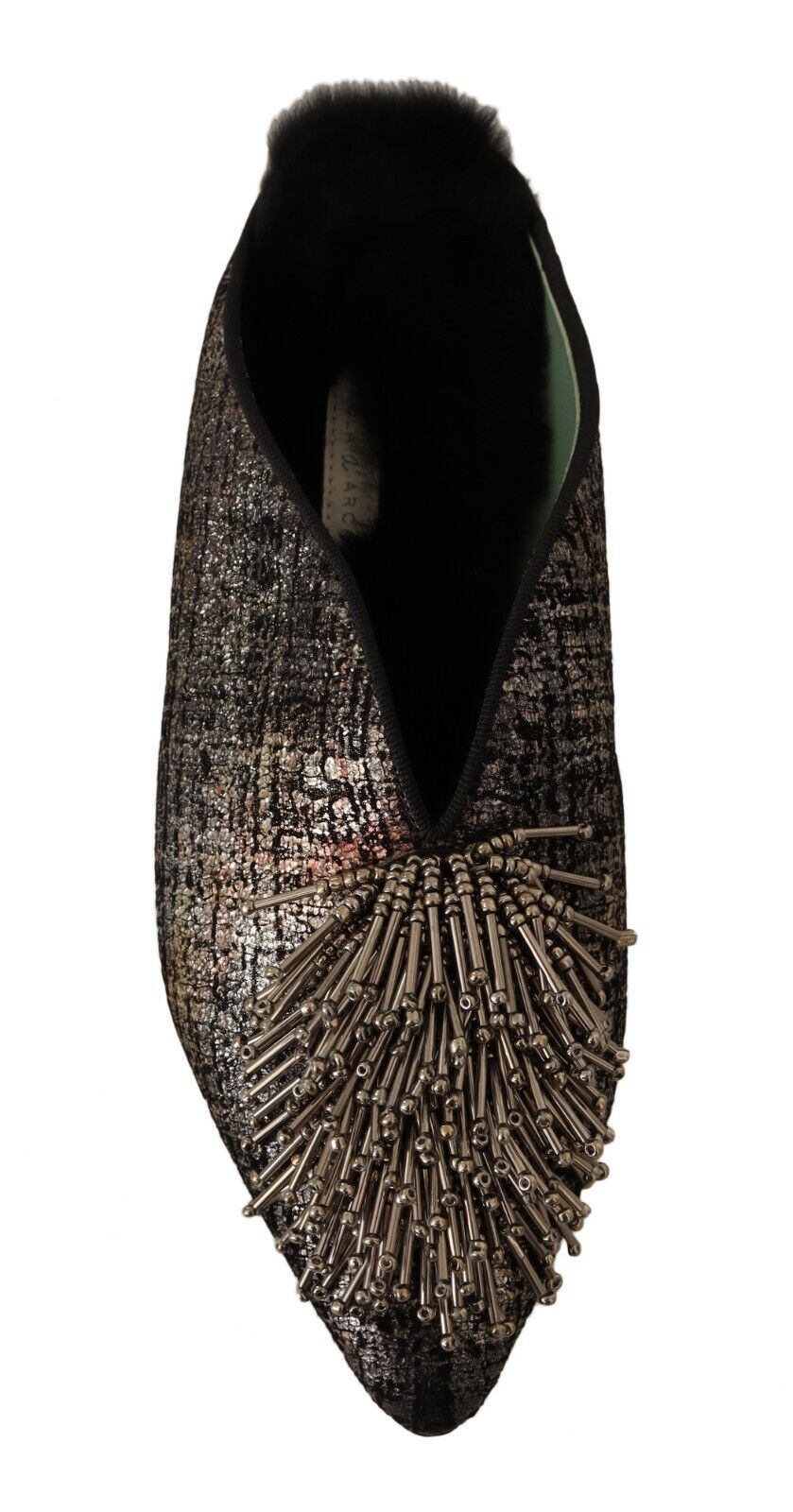 Paola D'Arcano Gold Jacquard Leather Embellished Slip On Shoes