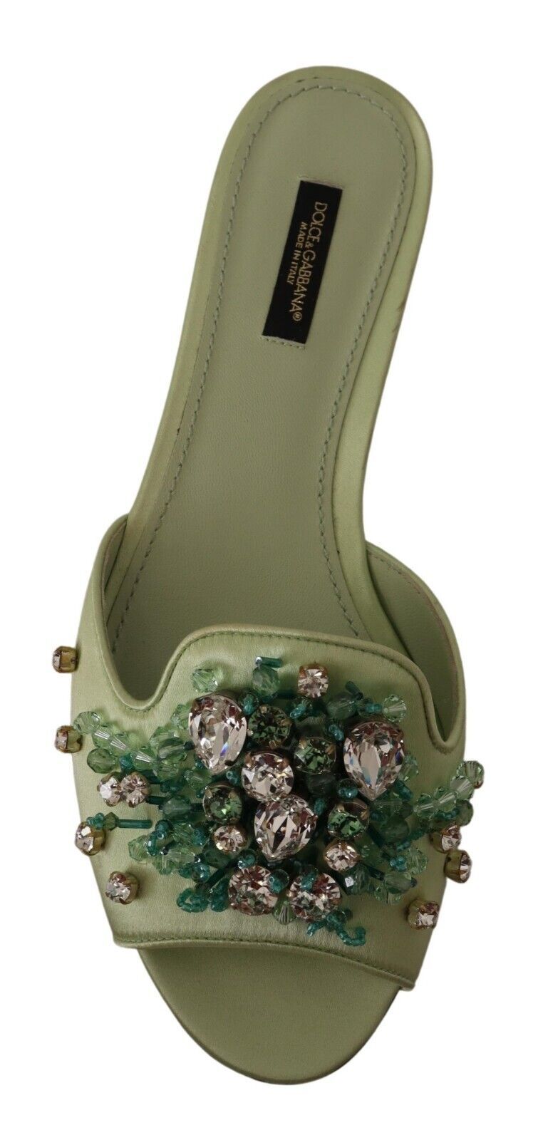 Dolce & Gabbana Green Leather Crystals Slides Women Flats Shoes