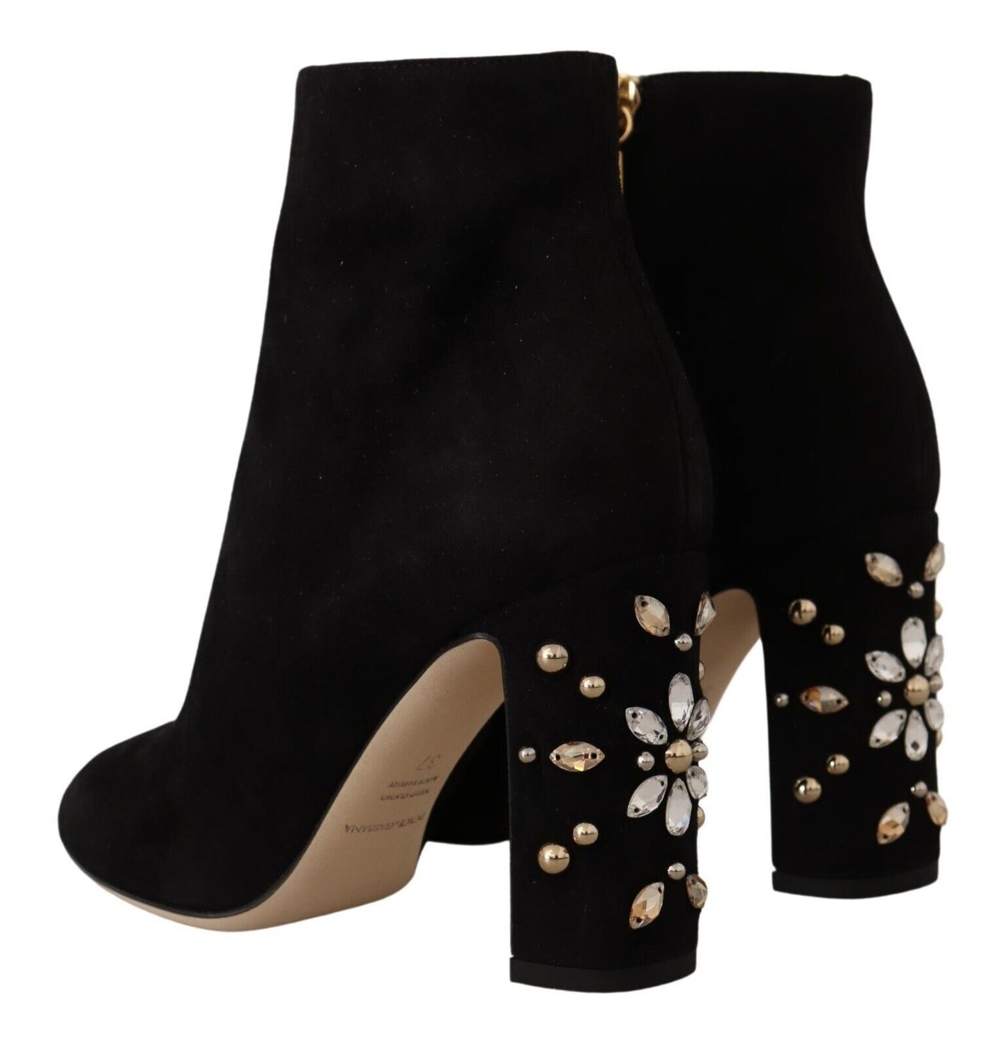 Dolce & Gabbana Black Suede Leather Crystal Heels Boots Shoes