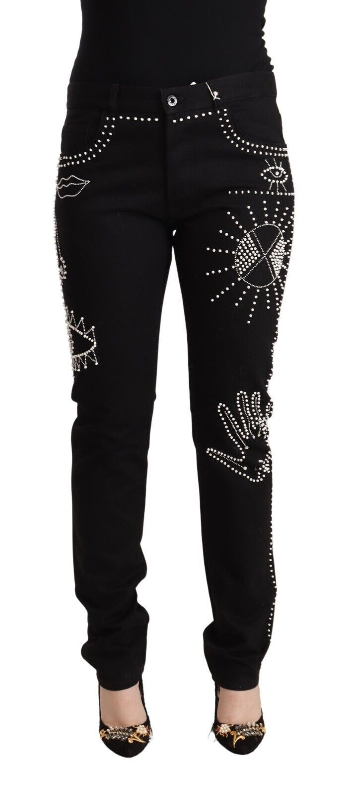 Valentino Black Cotton Mid Waist Embellished Slim Fit Jeans