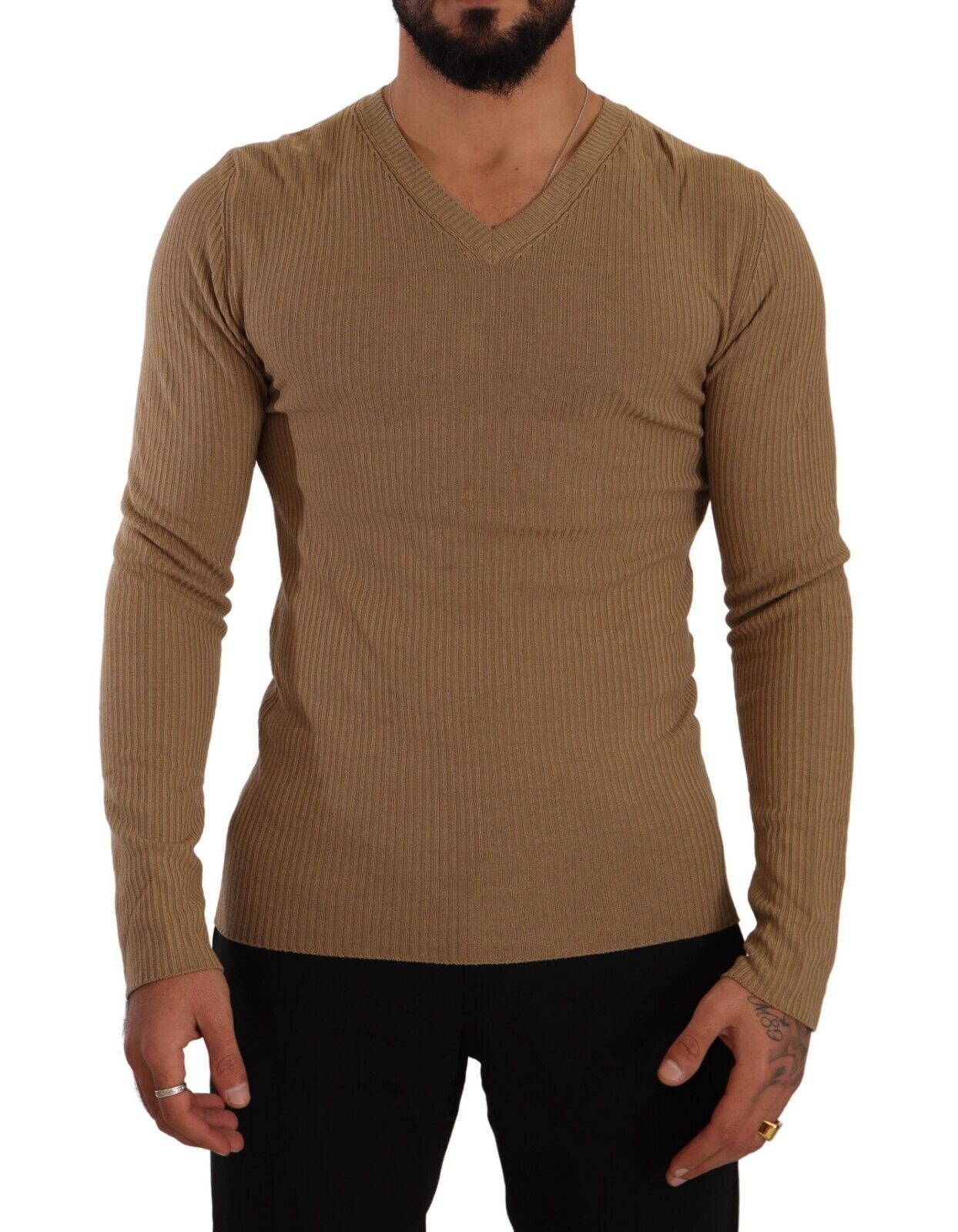 Ermanno Scervino Brown Wool Knit V-neck Men Pullover Sweater