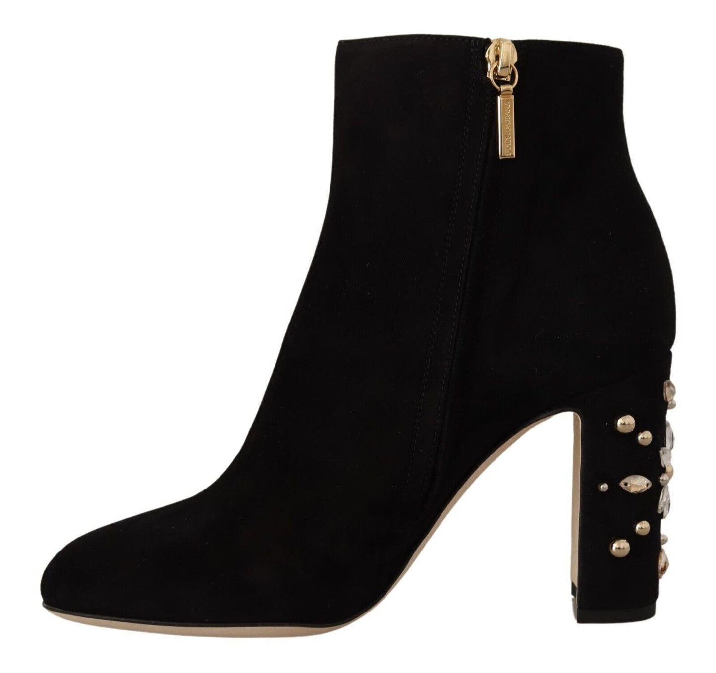 Dolce & Gabbana Black Suede Leather Crystal Heels Boots Shoes