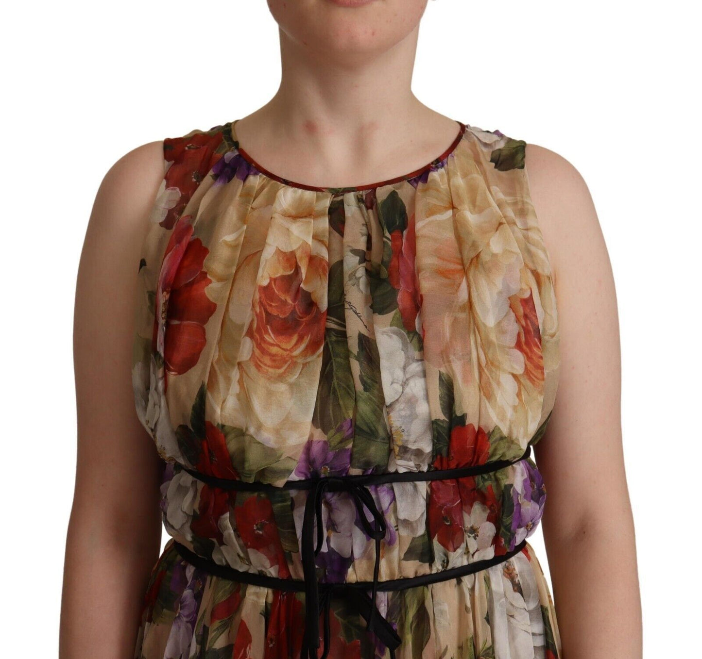 Dolce & Gabbana Beige Floral Sleeveless Round Neck Mini Dress