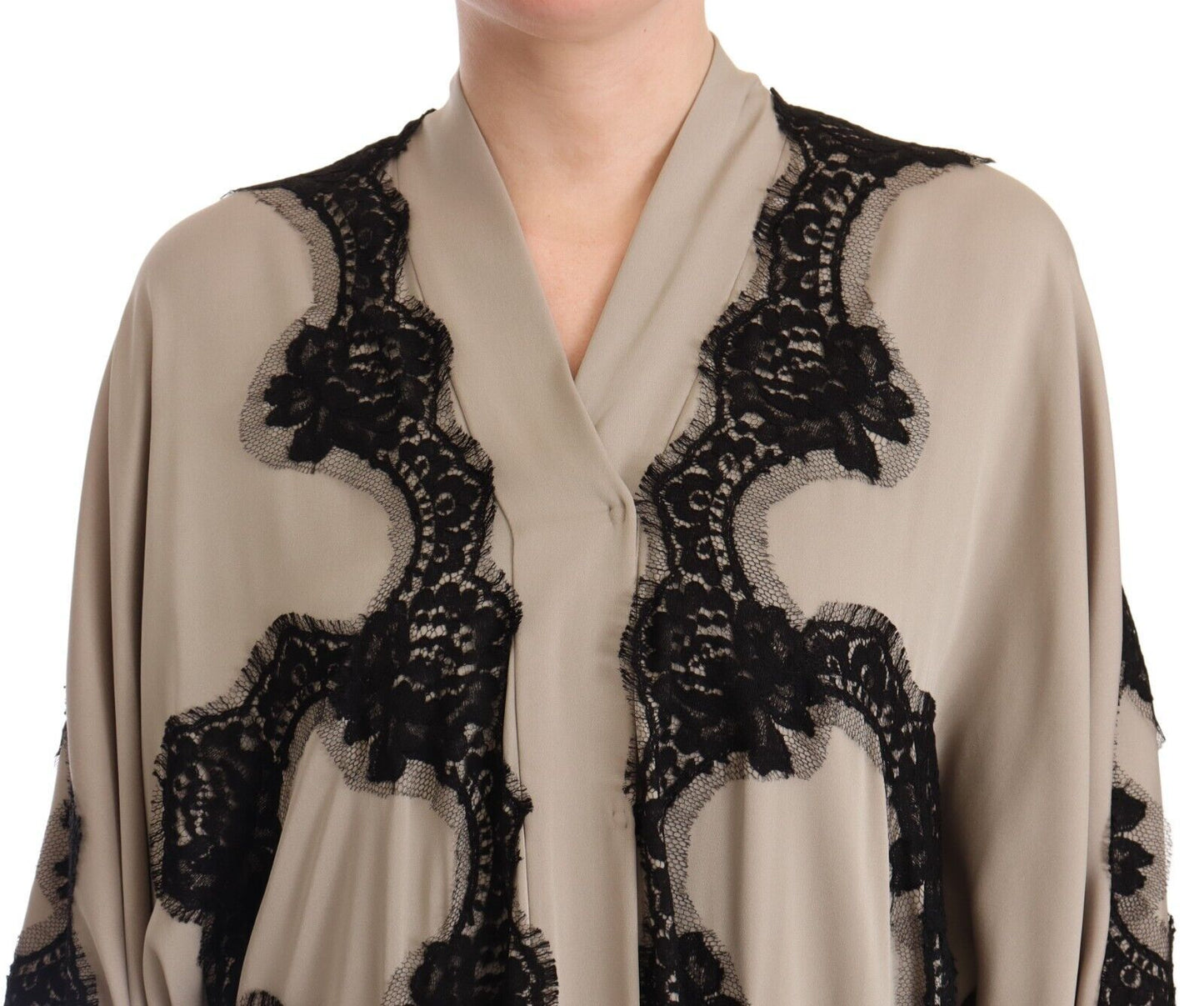 Dolce & Gabbana Beige Silk Lace Abaya Long Kaftan Dress