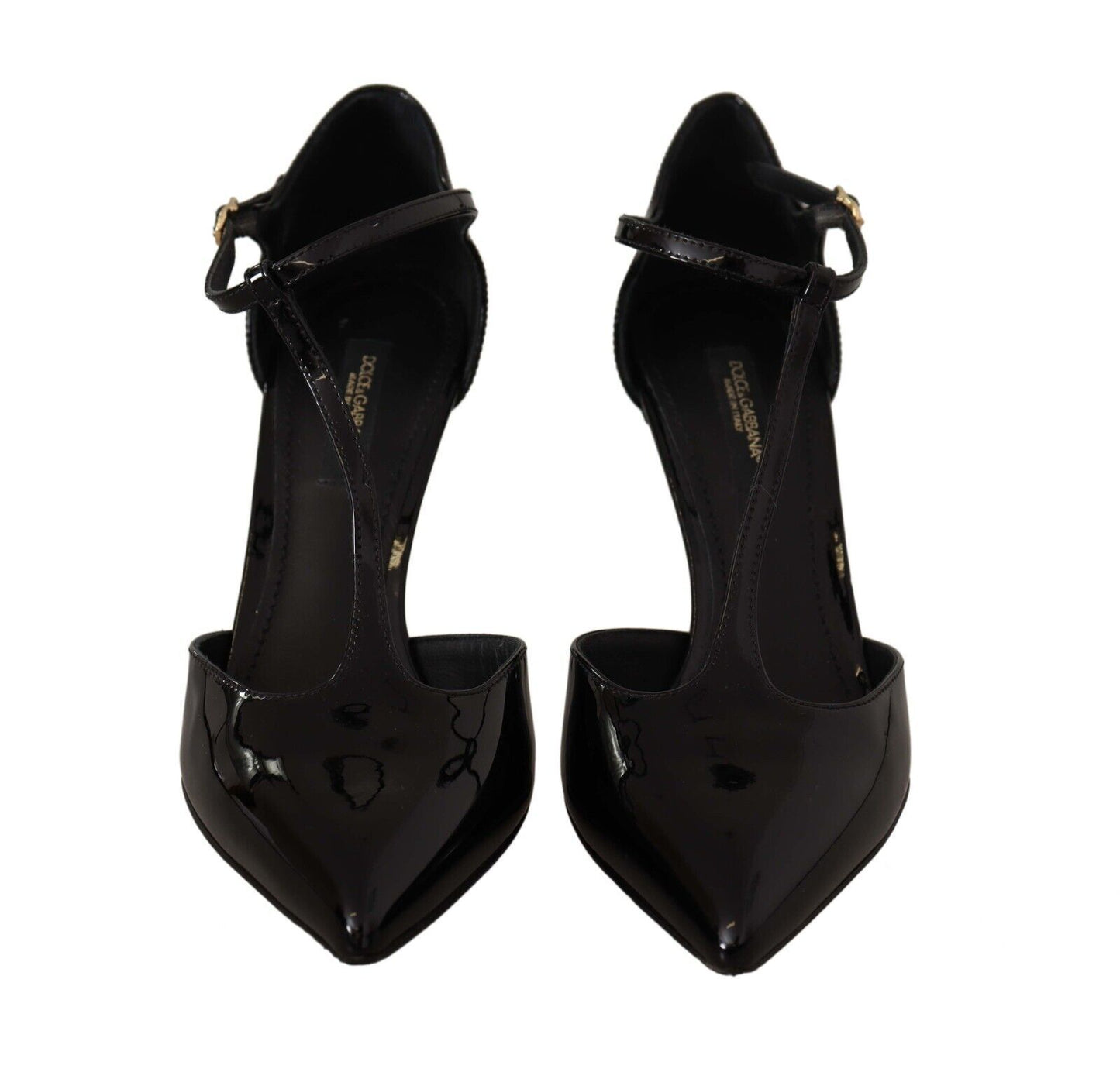 Dolce & Gabbana Black Patent Leather T-Strap Heels Sandals Shoes