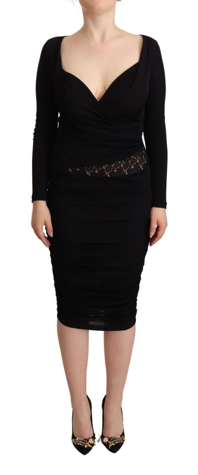 GF Ferre Black Long Sleeves Sweetheart Neck Midi Dress