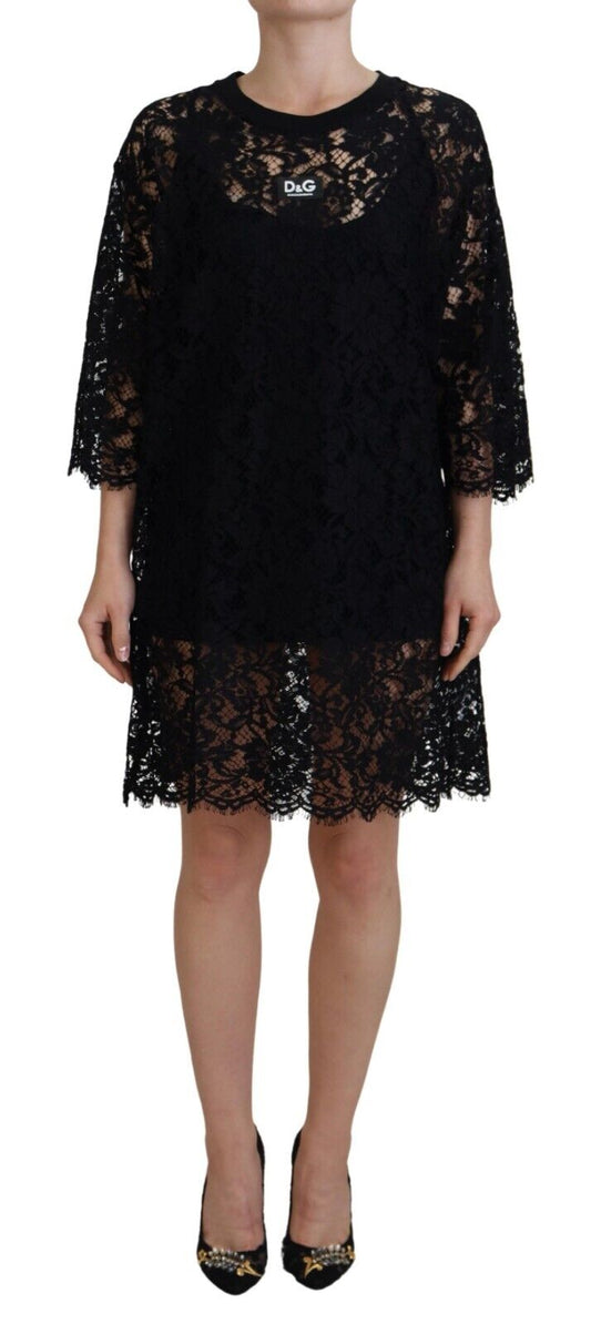 Dolce & Gabbana Black Floral Lace Cotton Shift Mini Dress