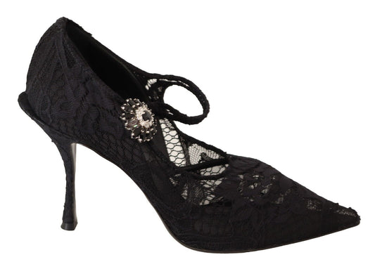 Dolce & Gabbana Black Lace Crystals Heels Mary Jane Pumps Shoes