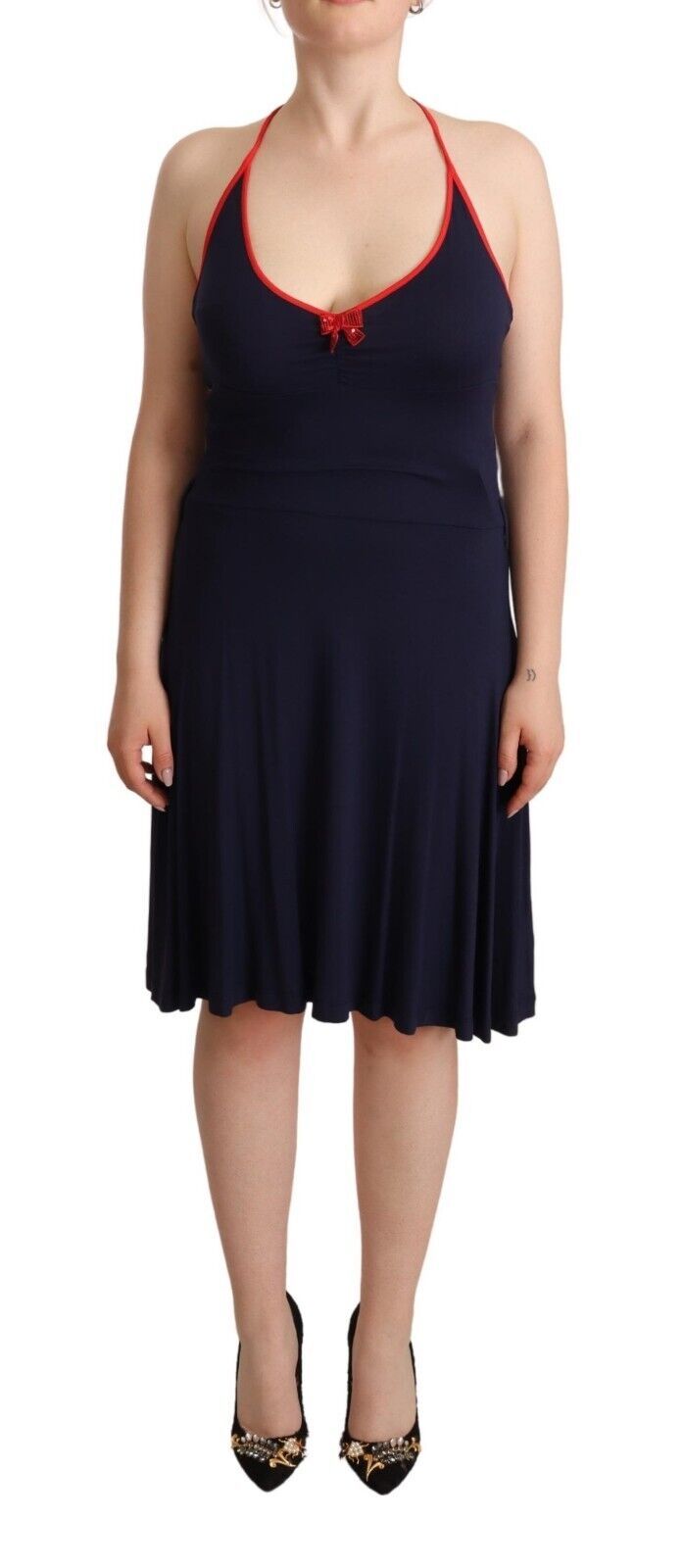 Roccobarocco Navy Blue Sleeveless Halter Sheath Midi Dress