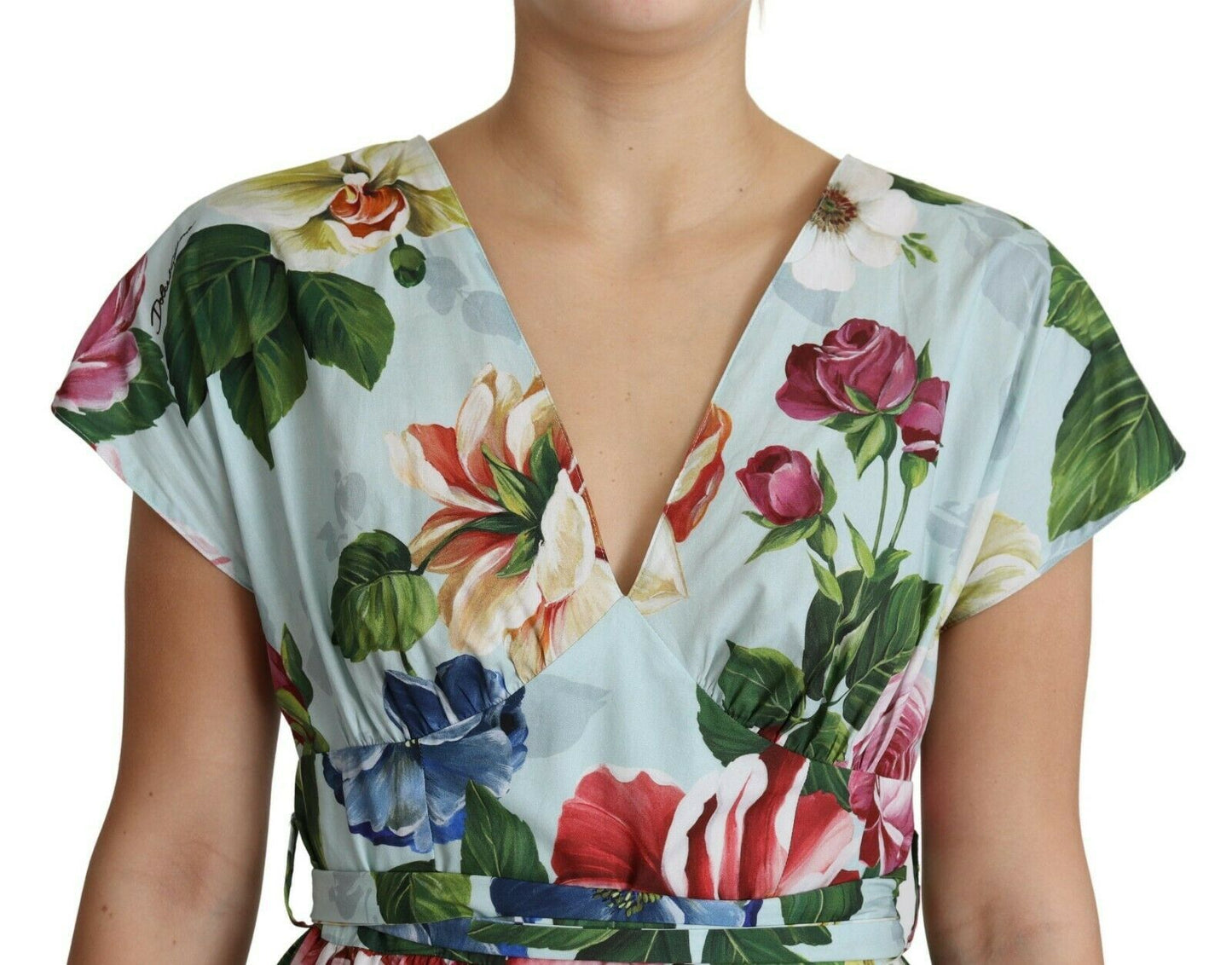 Dolce & Gabbana Green Floral Short Sleeves V-neck Dress