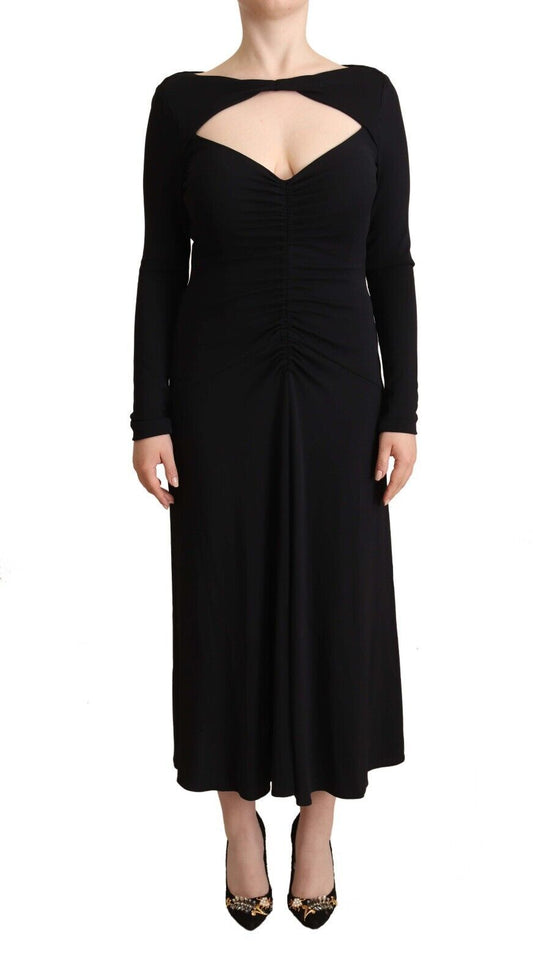 PINKO Black Nylon Stretch Long Sleeves Deep V-neck Maxi Dress