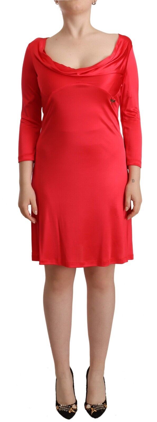 John Galliano Red Viscose 3/4 Sleeves Deep Round Neck Sheath Dress