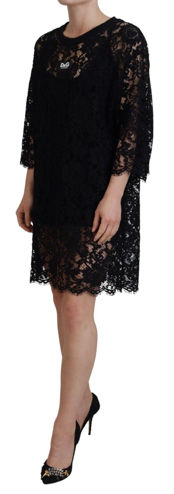 Dolce & Gabbana Black Floral Lace Cotton Shift Mini Dress