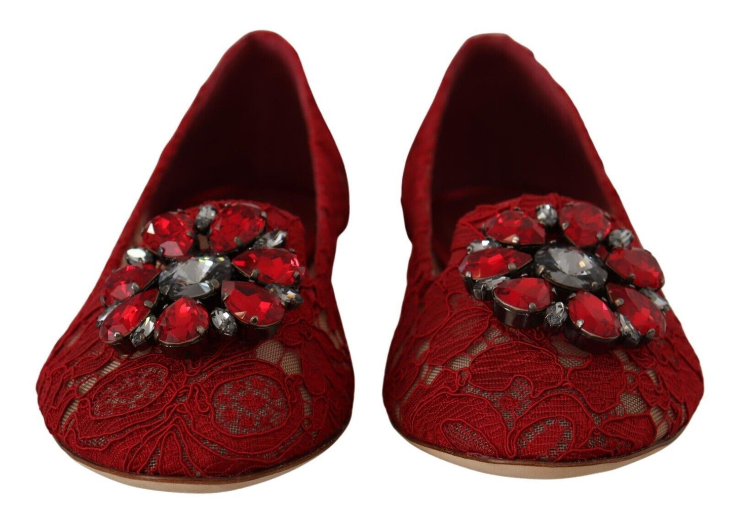 Dolce & Gabbana Red Lace Crystal Ballet Flats Loafers Shoes