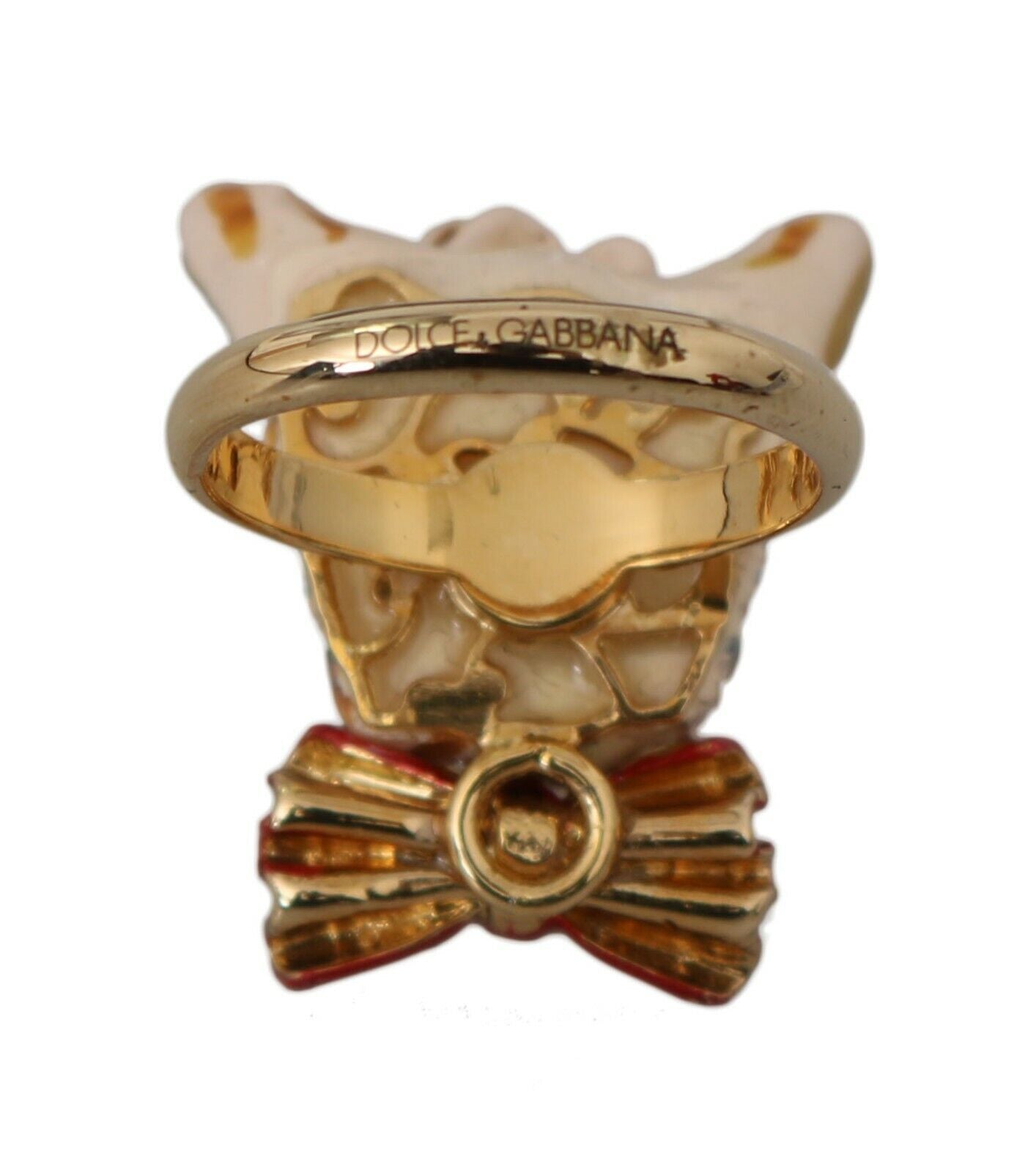 Dolce & Gabbana Gold Brass Resin Beige Dog Pet Branded Accessory Ring