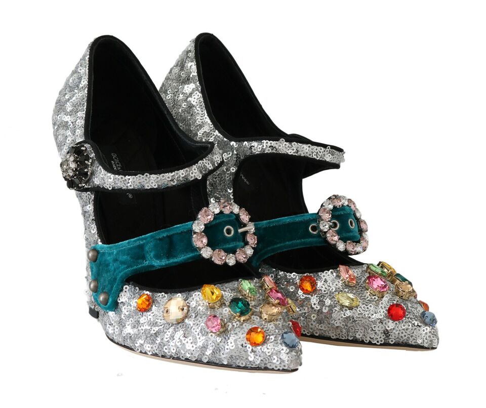 Dolce & Gabbana Silver Sequined Crystal Mary Janes Pumps