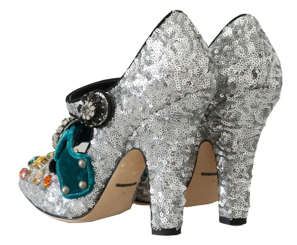 Dolce & Gabbana Silver Sequined Crystal Mary Janes Pumps