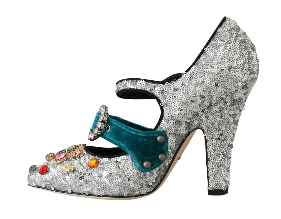 Dolce & Gabbana Silver Sequined Crystal Mary Janes Pumps