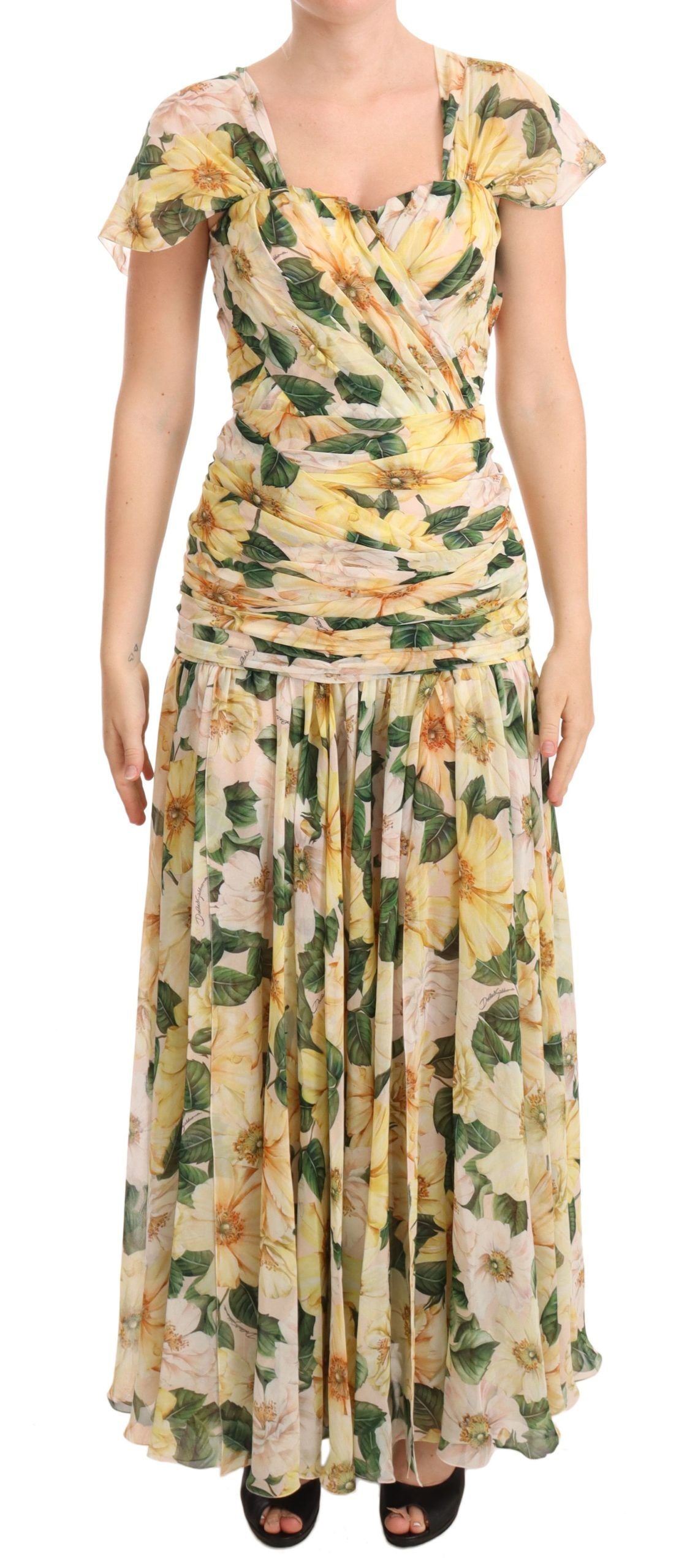 Dolce & Gabbana Yellow Silk Floral Print Pleated Max Dress